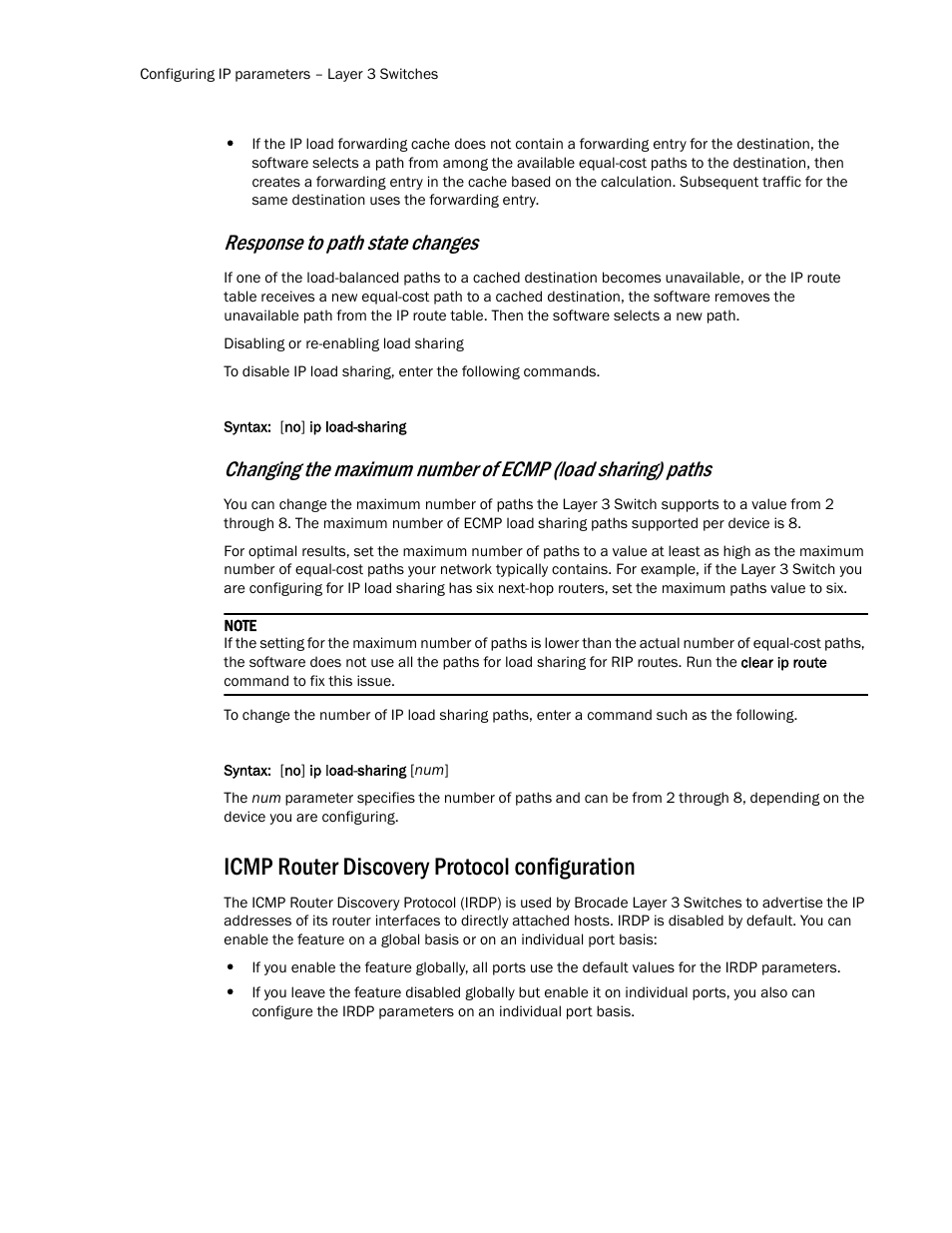 Icmp router discovery protocol configuration, Response to path state changes | Brocade Communications Systems Layer 3 Routing Configuration ICX 6650 User Manual | Page 76 / 494