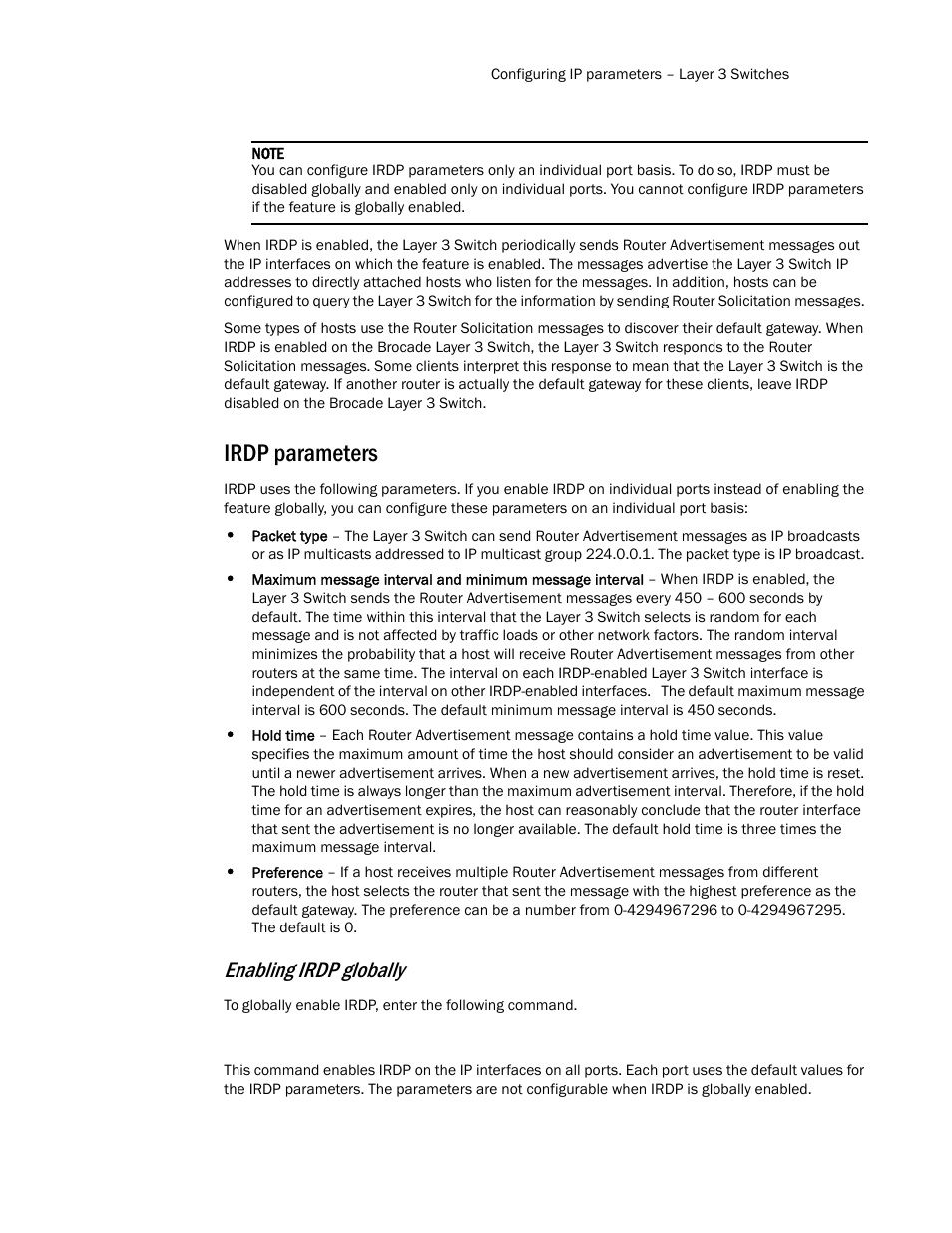 Irdp parameters, Enabling irdp globally | Brocade Communications Systems Layer 3 Routing Configuration ICX 6650 User Manual | Page 77 / 494