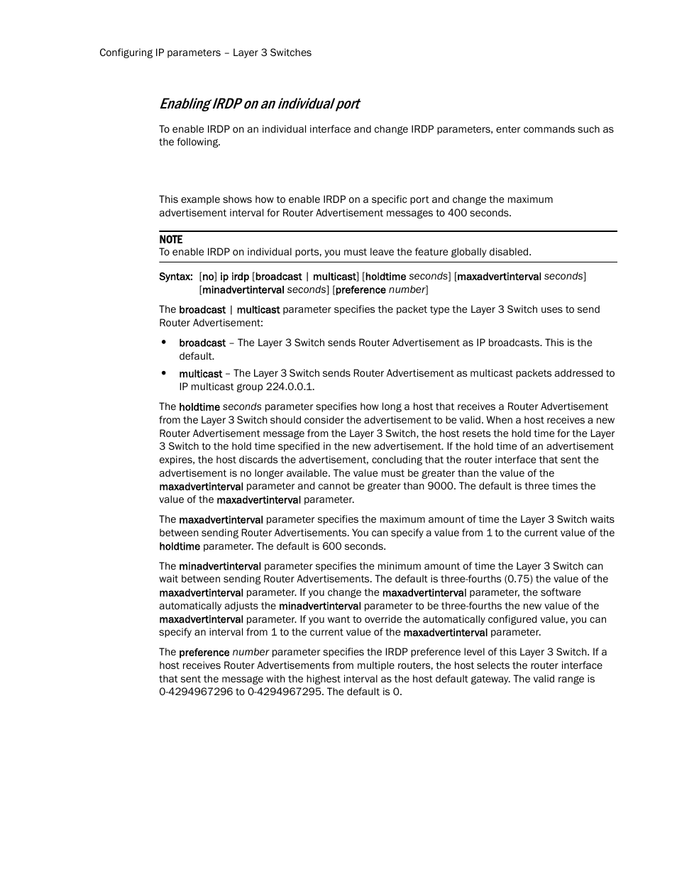 Enabling irdp on an individual port | Brocade Communications Systems Layer 3 Routing Configuration ICX 6650 User Manual | Page 78 / 494