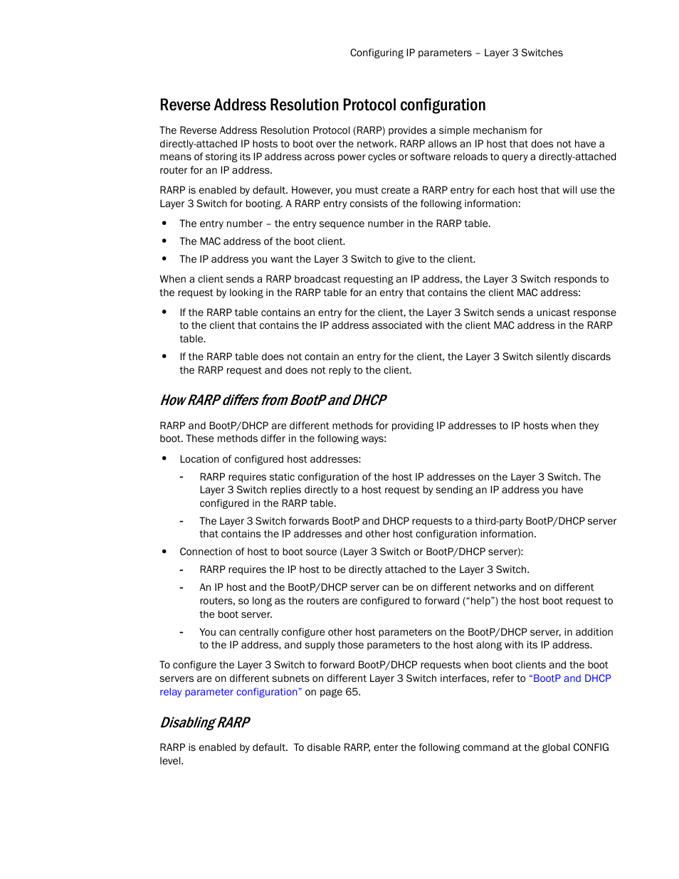 Reverse address resolution protocol configuration, How rarp differs from bootp and dhcp, Disabling rarp | Brocade Communications Systems Layer 3 Routing Configuration ICX 6650 User Manual | Page 79 / 494