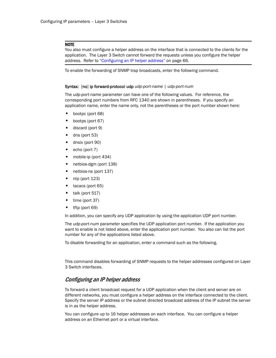 Configuring an ip helper address | Brocade Communications Systems Layer 3 Routing Configuration ICX 6650 User Manual | Page 82 / 494