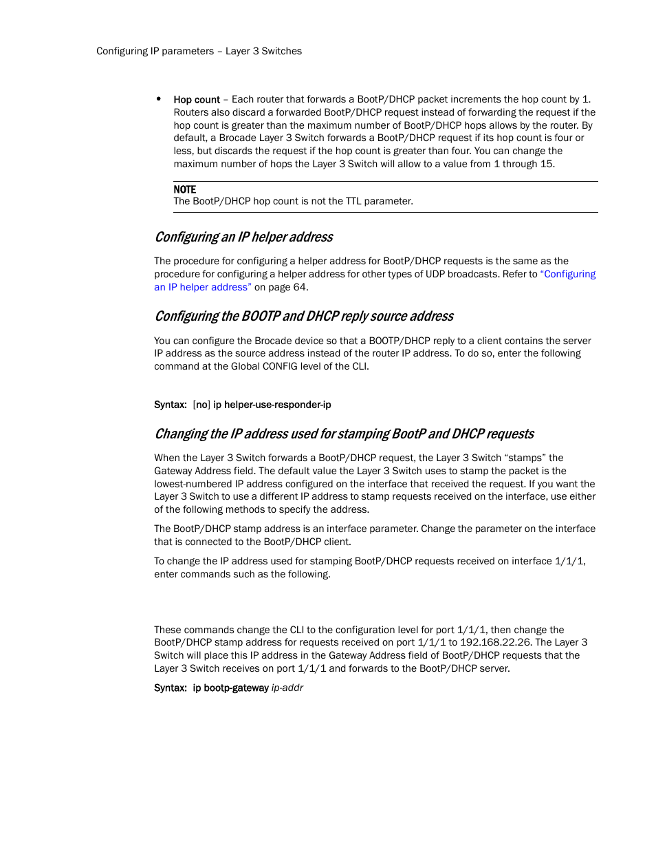 Configuring an ip helper address | Brocade Communications Systems Layer 3 Routing Configuration ICX 6650 User Manual | Page 84 / 494