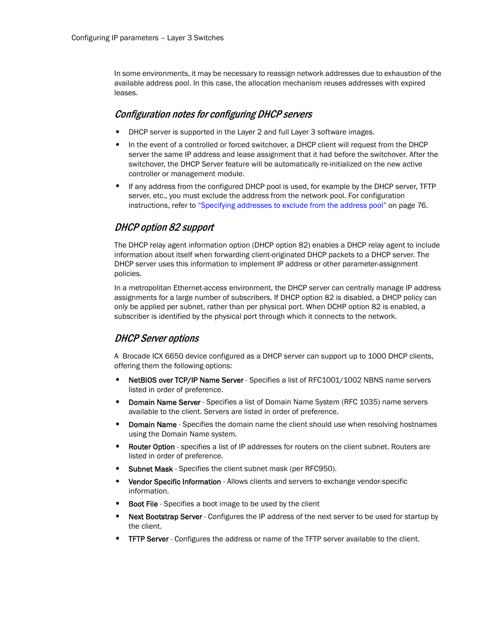 Dhcp option 82 support, Dhcp server options | Brocade Communications Systems Layer 3 Routing Configuration ICX 6650 User Manual | Page 86 / 494