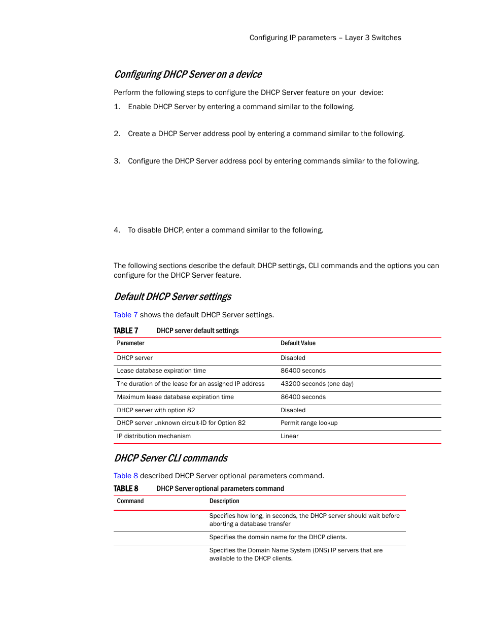 Configuring dhcp server on a device, Default dhcp server settings, Dhcp server cli commands | Brocade Communications Systems Layer 3 Routing Configuration ICX 6650 User Manual | Page 89 / 494