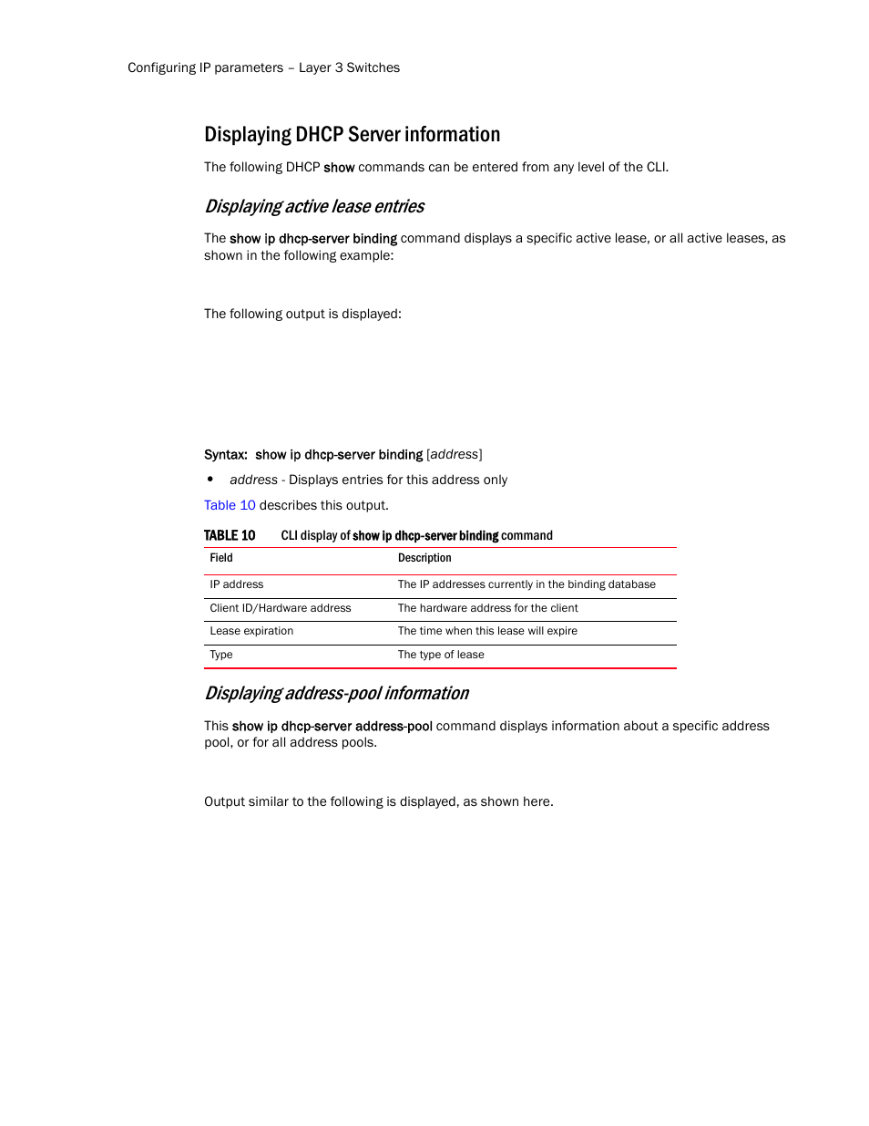 Displaying dhcp server information, Displaying, Active lease entries | Address-pool information, Displaying active lease entries, Displaying address-pool information | Brocade Communications Systems Layer 3 Routing Configuration ICX 6650 User Manual | Page 96 / 494