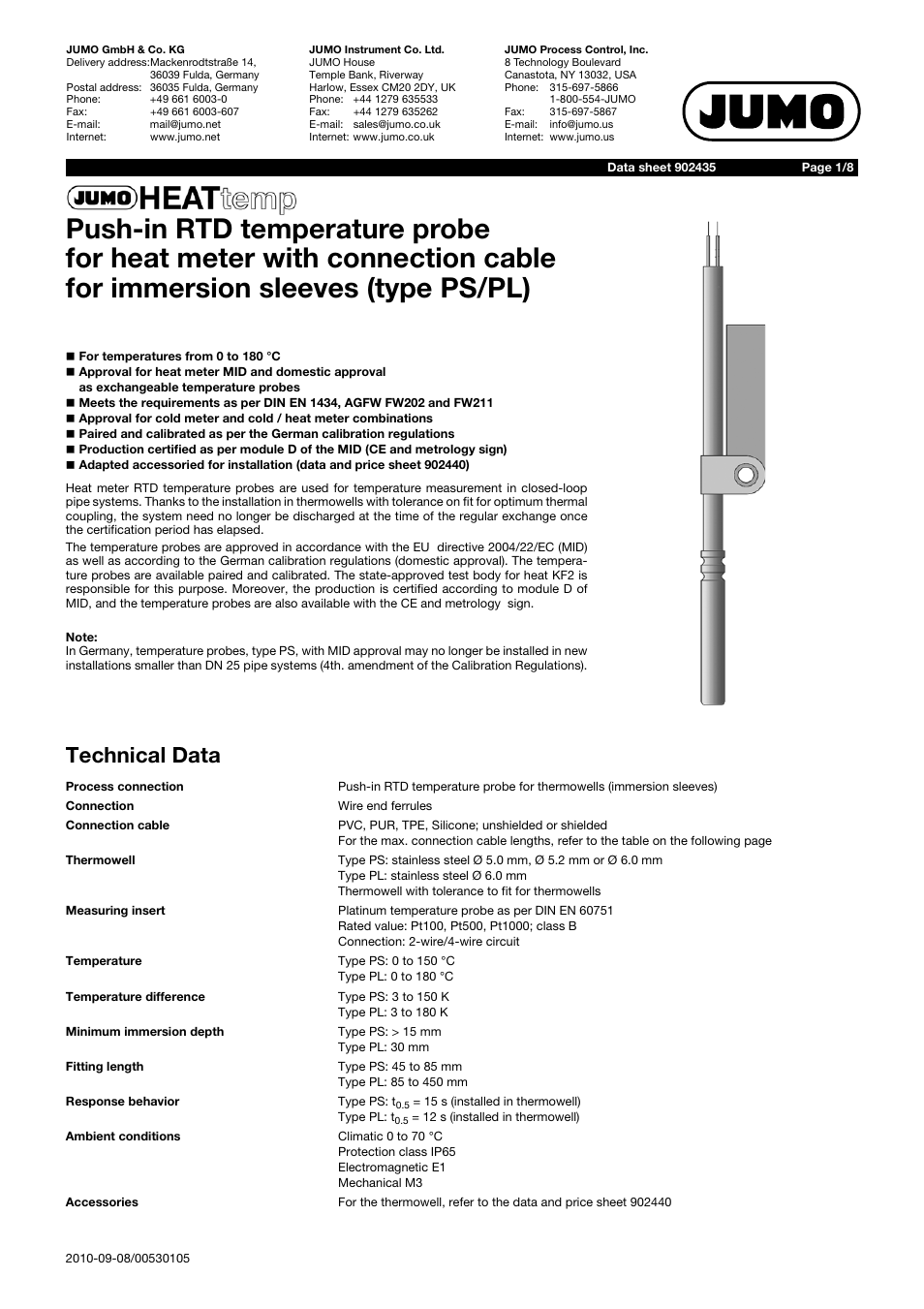 JUMO 902435 HEATtemp Push-In RTD Temperature Probe with Connecting Cable for Immersion Sleeve, Type PS/PL Data Sheet User Manual | 8 pages