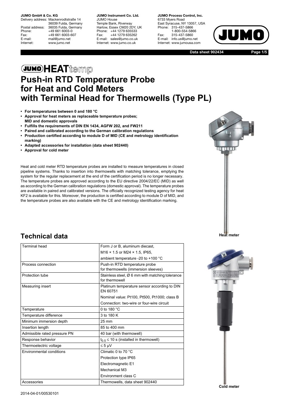 JUMO 902434 HEATtemp Push-In RTD Temperature Probe for Heat and Cold Meter with Terminal Head for Thermowells, Type PL Data Sheet User Manual | 5 pages