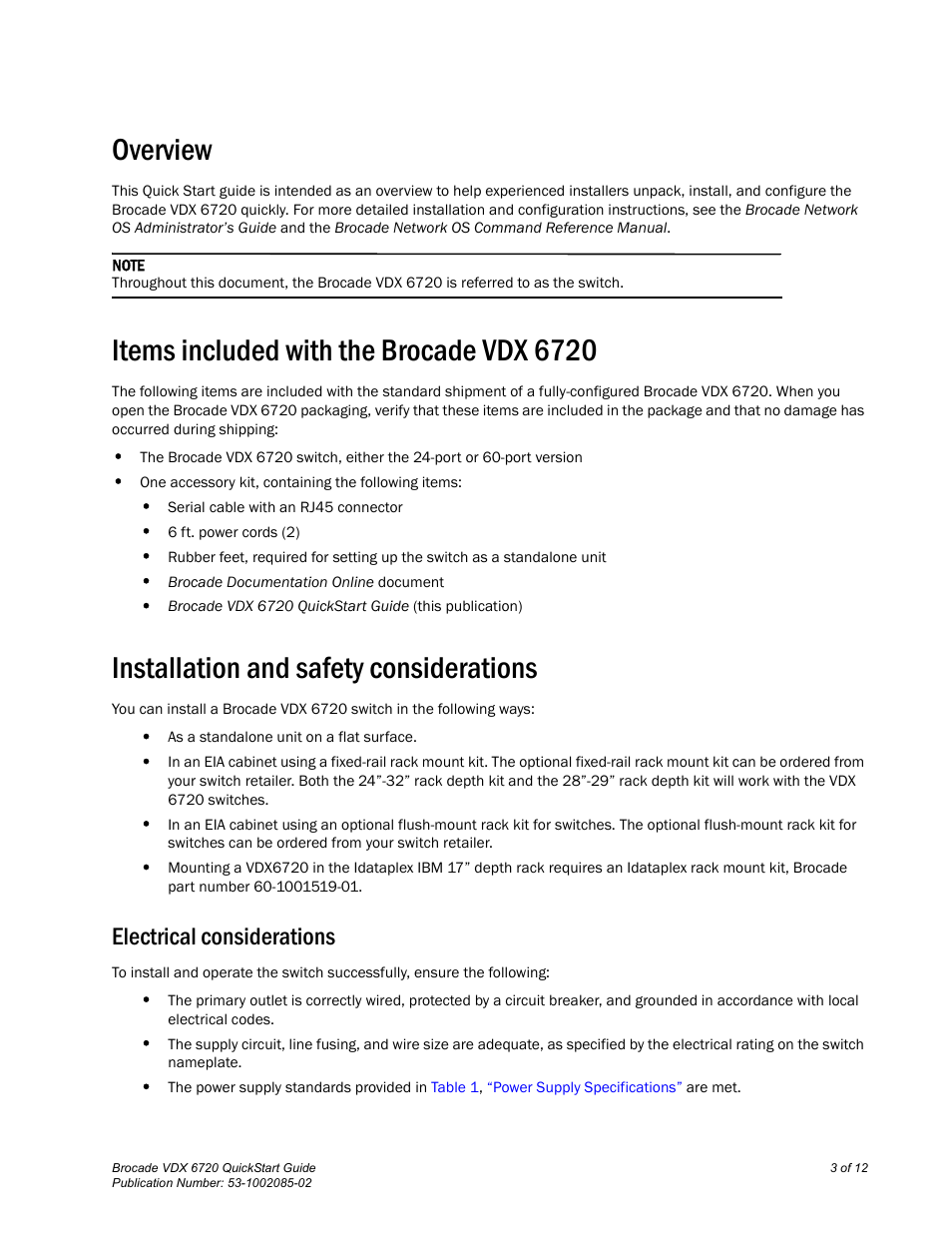 Overview, Items included with the brocade vdx 6720, Installation and safety considerations | Electrical considerations | Brocade Communications Systems Brocade VDX 6720 User Manual | Page 3 / 12