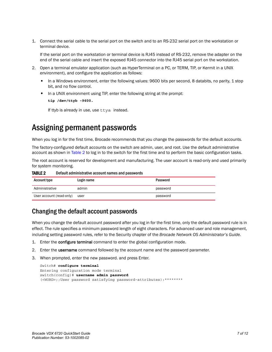 Assigning permanent passwords, Changing the default account passwords | Brocade Communications Systems Brocade VDX 6720 User Manual | Page 7 / 12