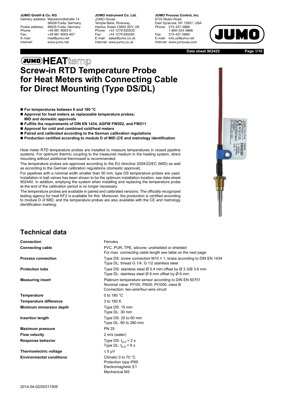 JUMO 902425 HEATtemp Screw-In RTD Temperature Probe for Heat Meters with Connecting Cable for Direct Mounting, Type DS/DL Data Sheet User Manual | 10 pages