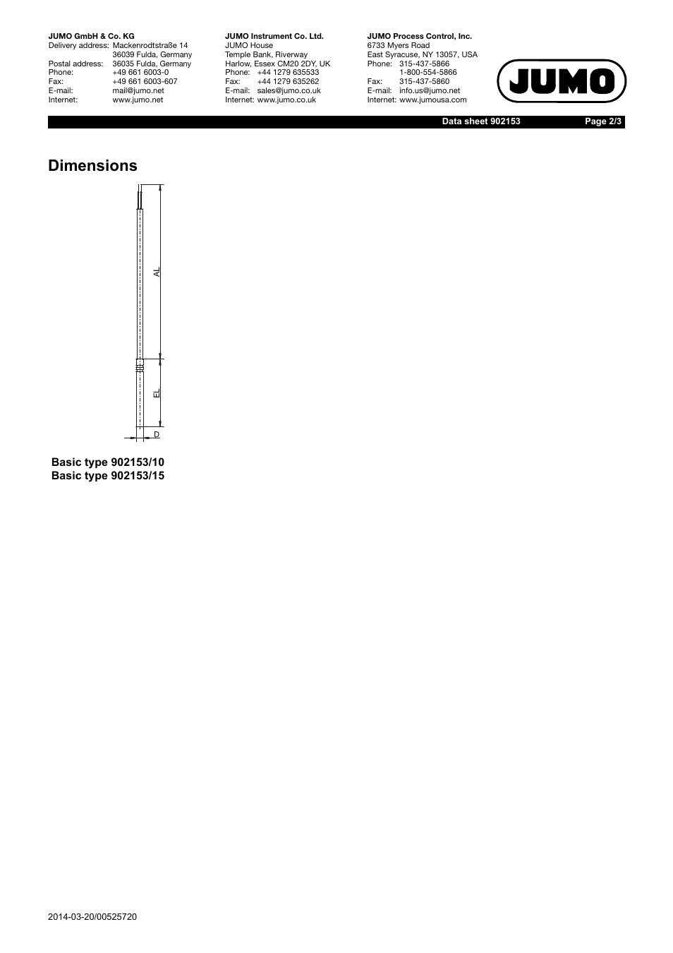 Dimensions | JUMO 902153 Push-In RTD Temperature Probe with Connecting Cable for Solar Thermal Systems Data Sheet User Manual | Page 2 / 3