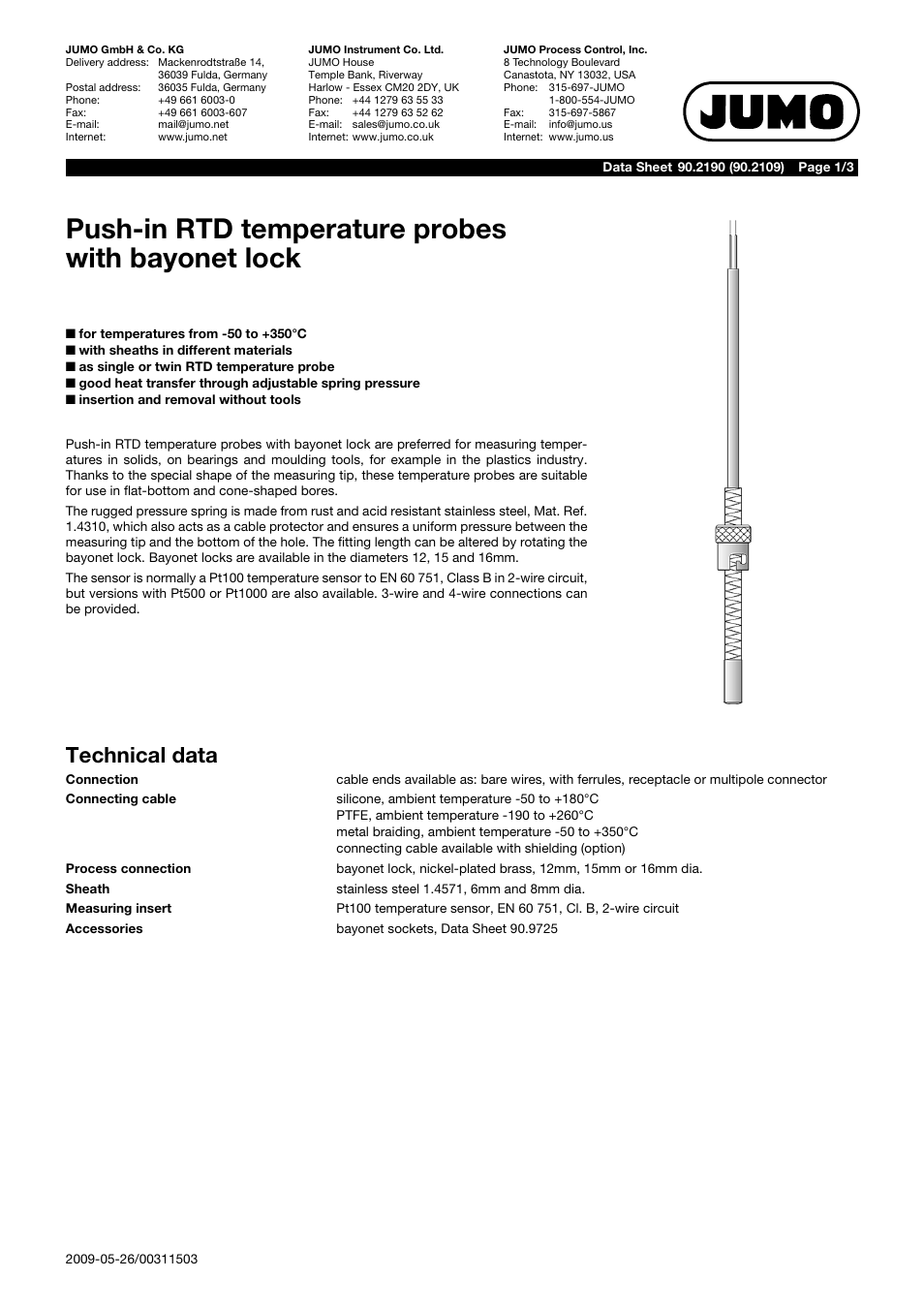 JUMO 902190 Push-In RTD Temperature Probe with Bayonet Connection Data Sheet User Manual | 3 pages
