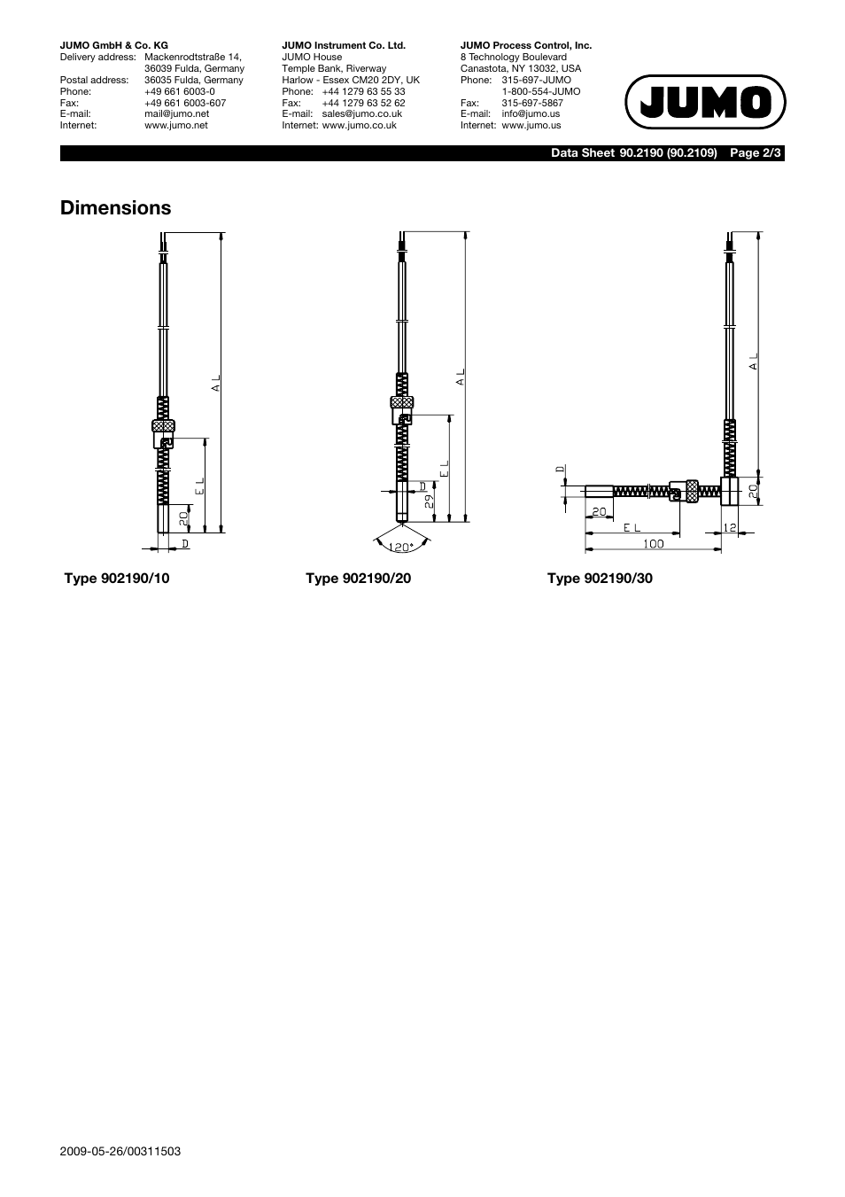 Dimensions | JUMO 902190 Push-In RTD Temperature Probe with Bayonet Connection Data Sheet User Manual | Page 2 / 3