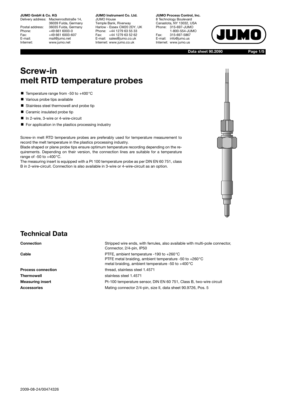 JUMO 902090 Screw-In Melt RTD Temperature Probe Data Sheet User Manual | 5 pages
