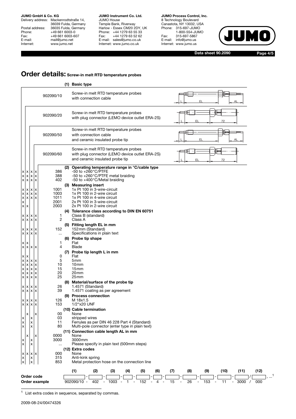 Order details | JUMO 902090 Screw-In Melt RTD Temperature Probe Data Sheet User Manual | Page 4 / 5