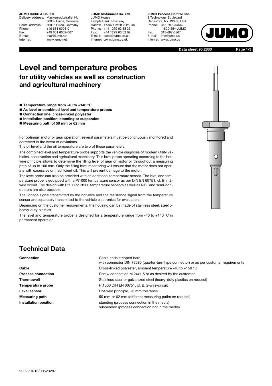 JUMO 902880 Level and Temperature Probe for Utility Vehicles as Well as Construction and Agricultural Machinery Data Sheet User Manual | 3 pages