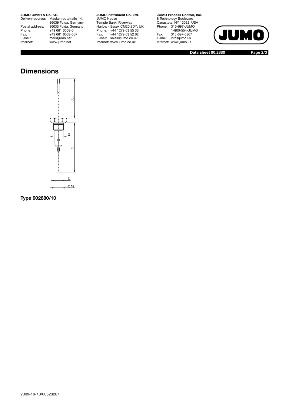 Dimensions | JUMO 902880 Level and Temperature Probe for Utility Vehicles as Well as Construction and Agricultural Machinery Data Sheet User Manual | Page 2 / 3