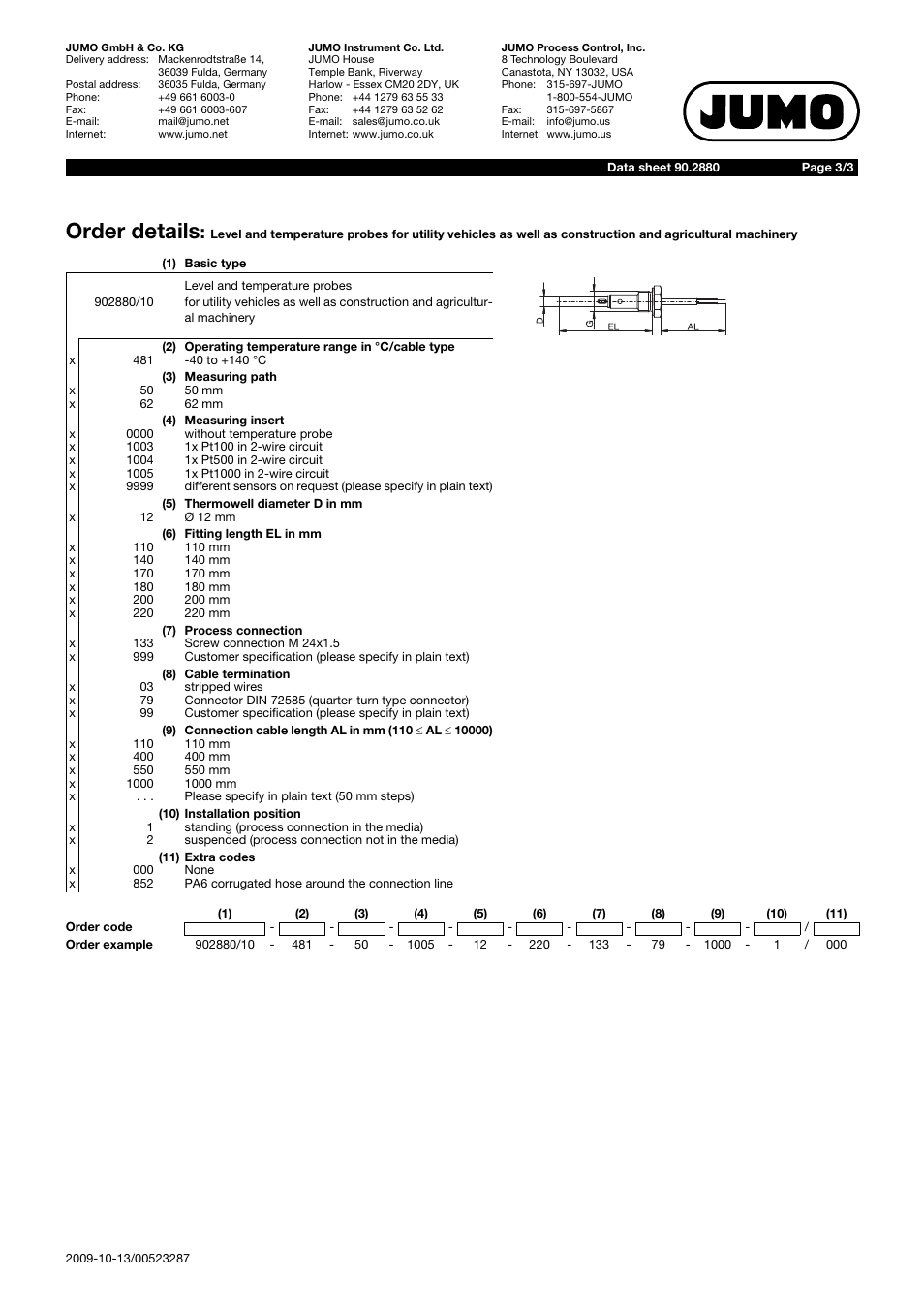 Order details | JUMO 902880 Level and Temperature Probe for Utility Vehicles as Well as Construction and Agricultural Machinery Data Sheet User Manual | Page 3 / 3