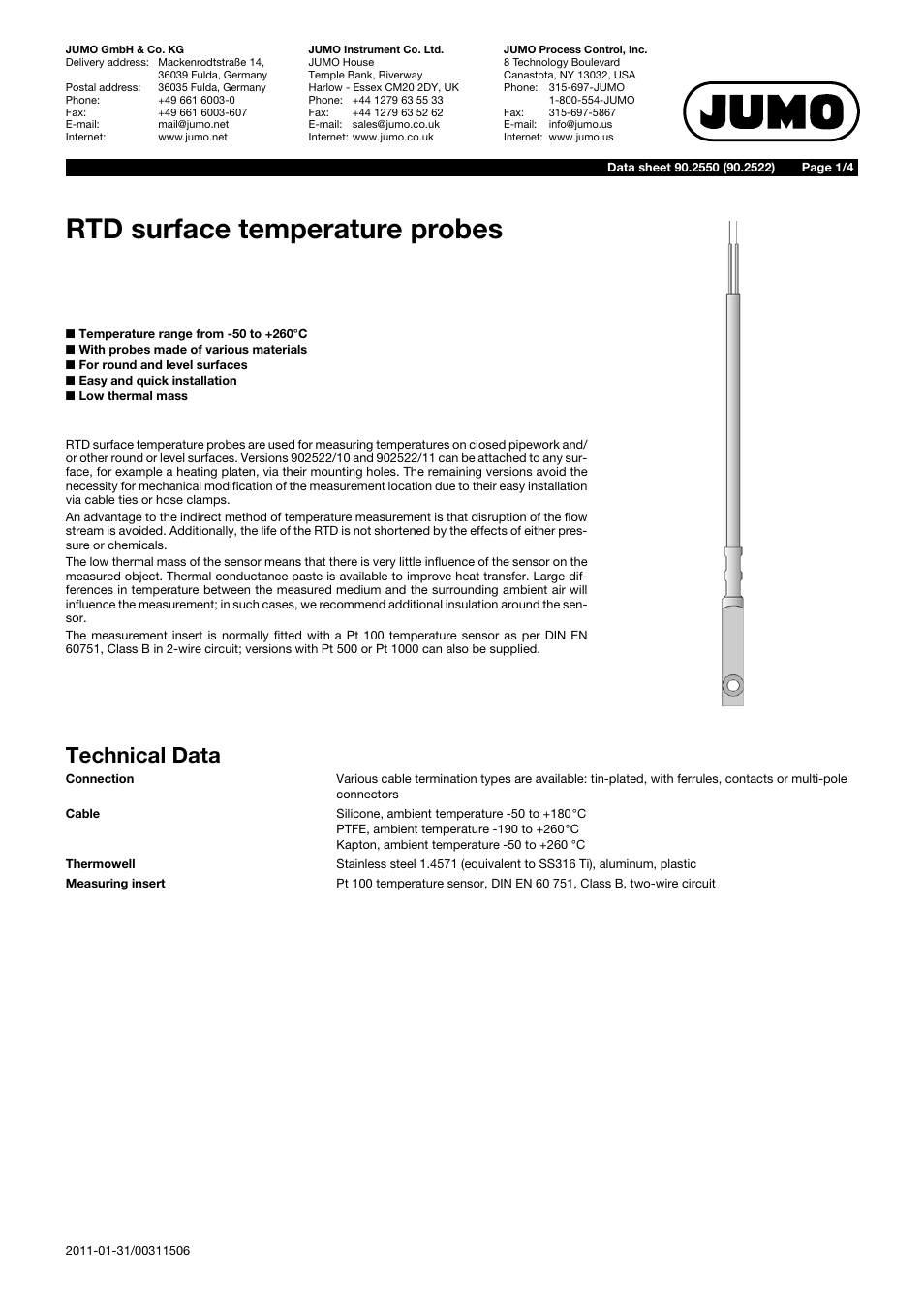 JUMO 902550 Surface RTD Temperature Probe with Connecting Cable Data Sheet User Manual | 4 pages