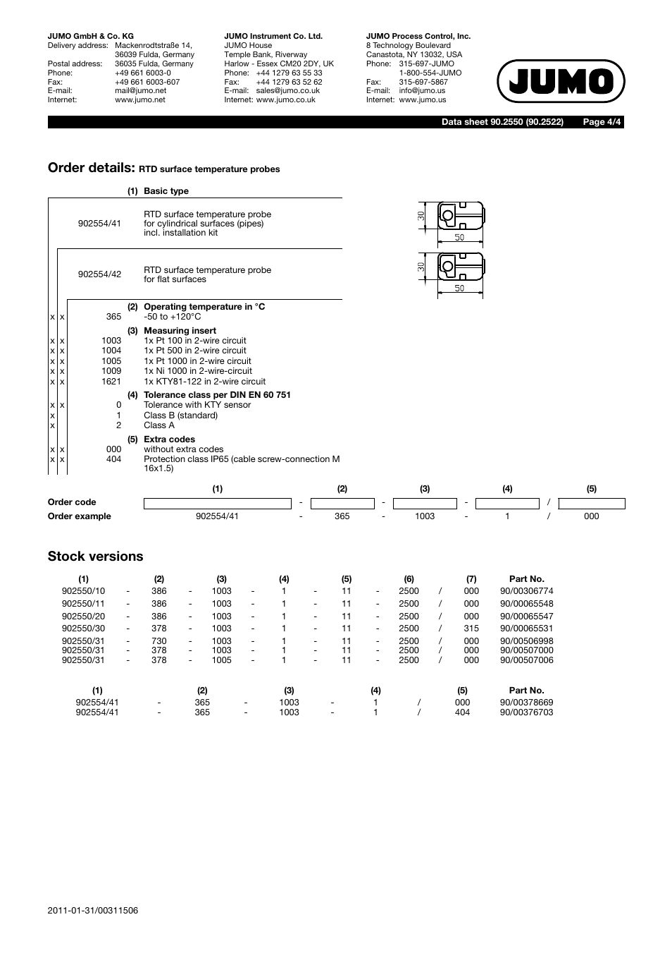 Order details, Stock versions | JUMO 902550 Surface RTD Temperature Probe with Connecting Cable Data Sheet User Manual | Page 4 / 4