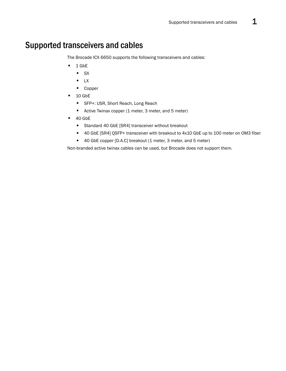 Supported transceivers and cables | Brocade Communications Systems Brocade ICX 6650 53-1002599-01 User Manual | Page 21 / 86