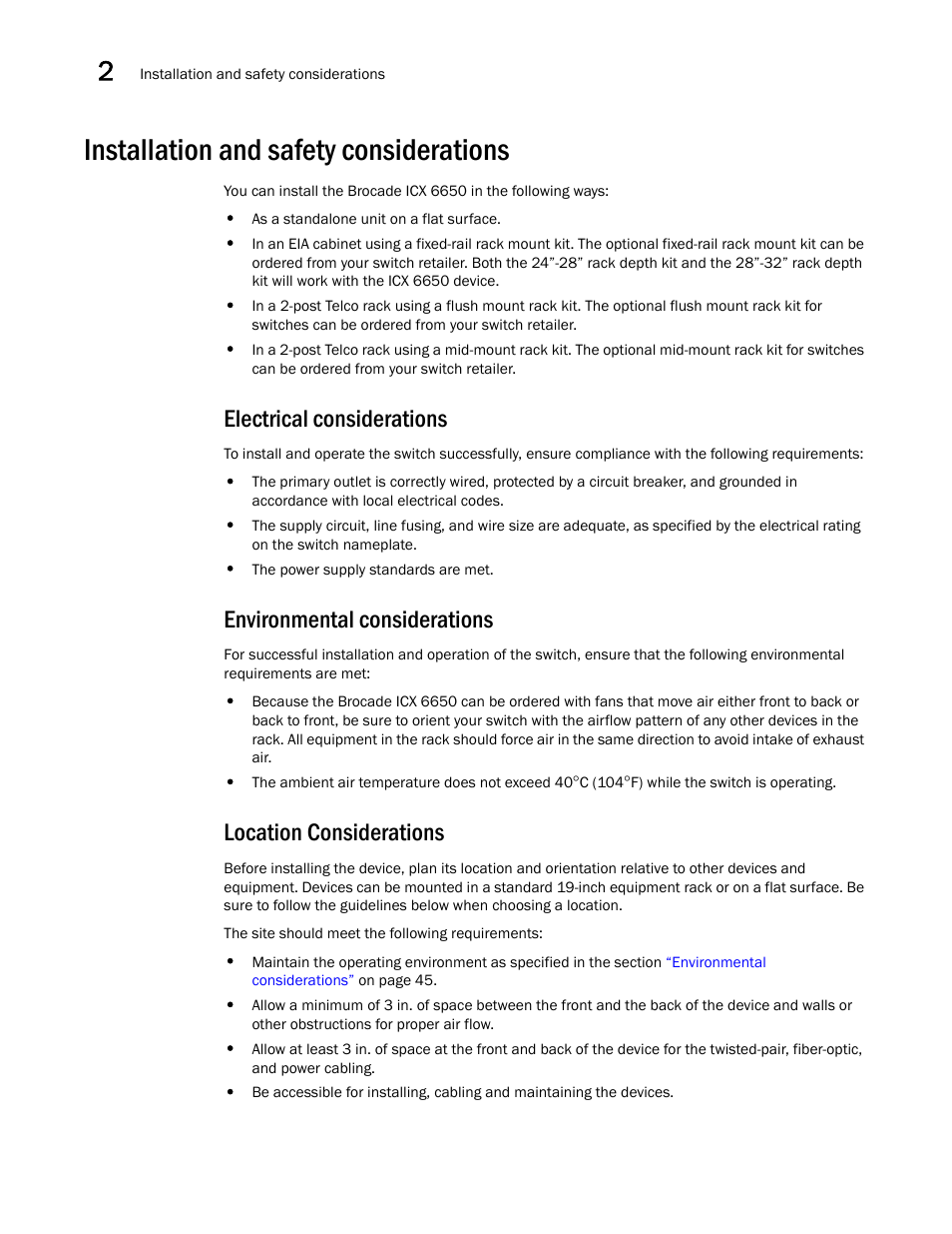 Installation and safety considerations, Electrical considerations, Environmental considerations | Location considerations | Brocade Communications Systems Brocade ICX 6650 53-1002599-01 User Manual | Page 24 / 86