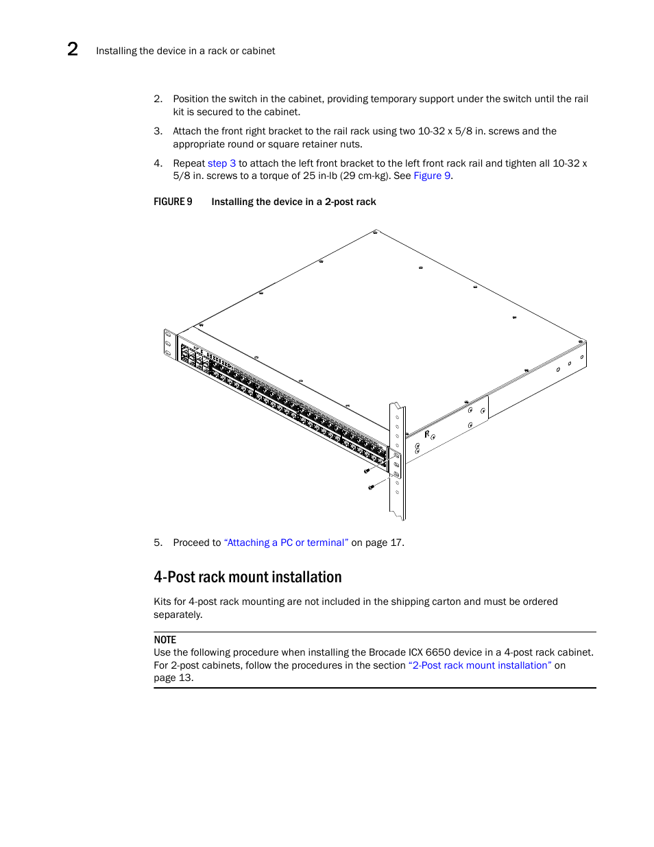 Figure 9 installing the device in a 2-post rack, Post rack mount installation, Figure 9 | Section | Brocade Communications Systems Brocade ICX 6650 53-1002599-01 User Manual | Page 30 / 86