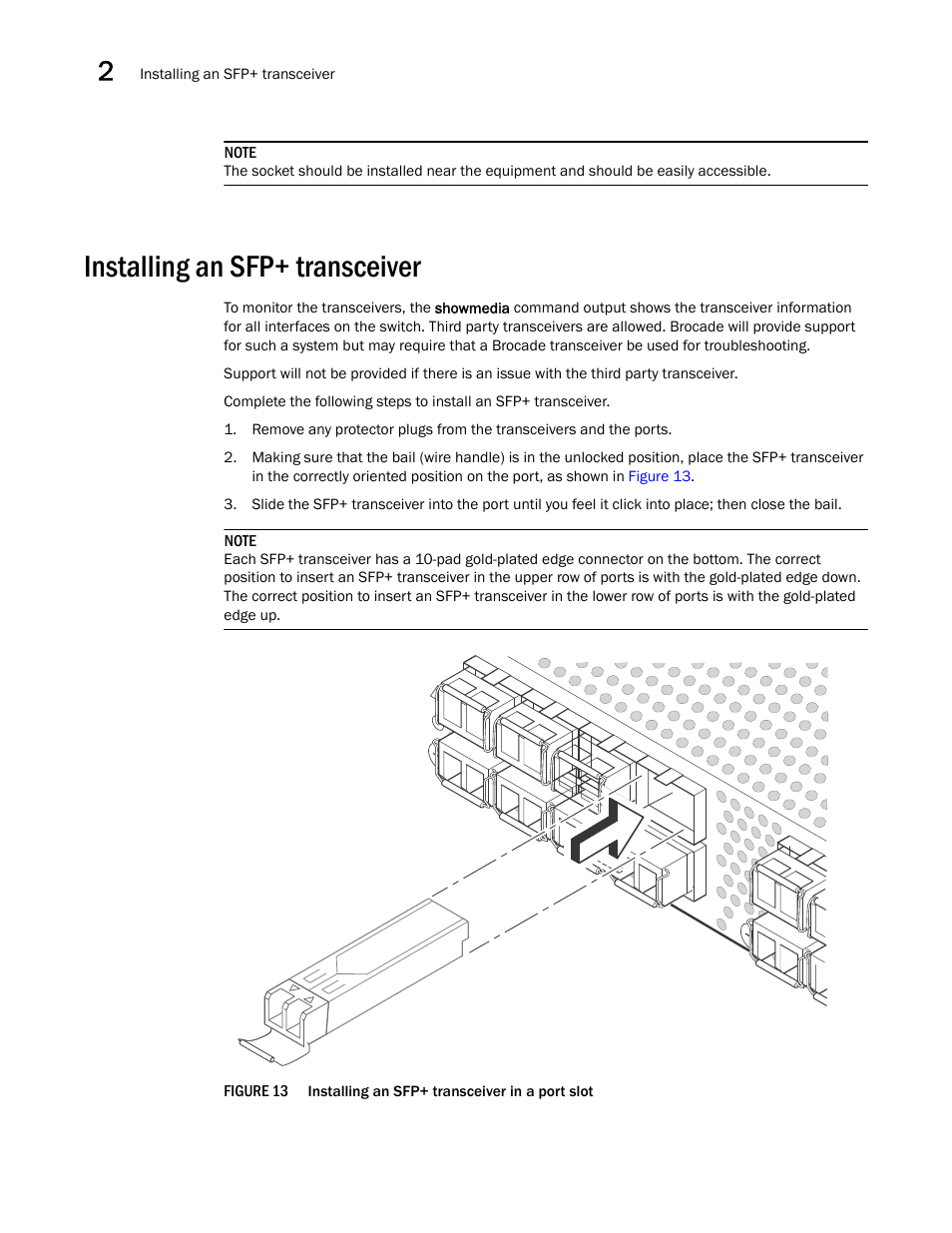 Installing an sfp+ transceiver, Figure 13 | Brocade Communications Systems Brocade ICX 6650 53-1002599-01 User Manual | Page 34 / 86