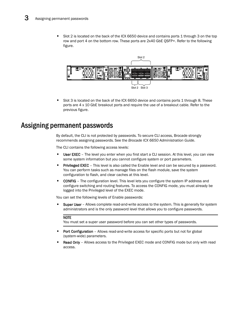 Assigning permanent passwords | Brocade Communications Systems Brocade ICX 6650 53-1002599-01 User Manual | Page 36 / 86