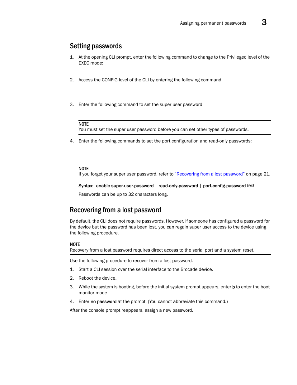 Setting passwords, Recovering from a lost password, Reboot the device | Brocade Communications Systems Brocade ICX 6650 53-1002599-01 User Manual | Page 37 / 86