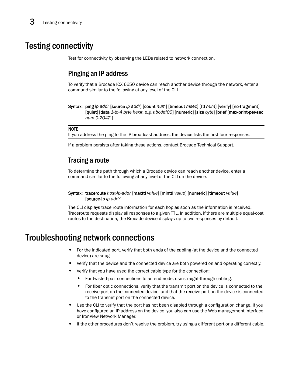 Testing connectivity, Pinging an ip address, Tracing a route | Troubleshooting network connections | Brocade Communications Systems Brocade ICX 6650 53-1002599-01 User Manual | Page 44 / 86