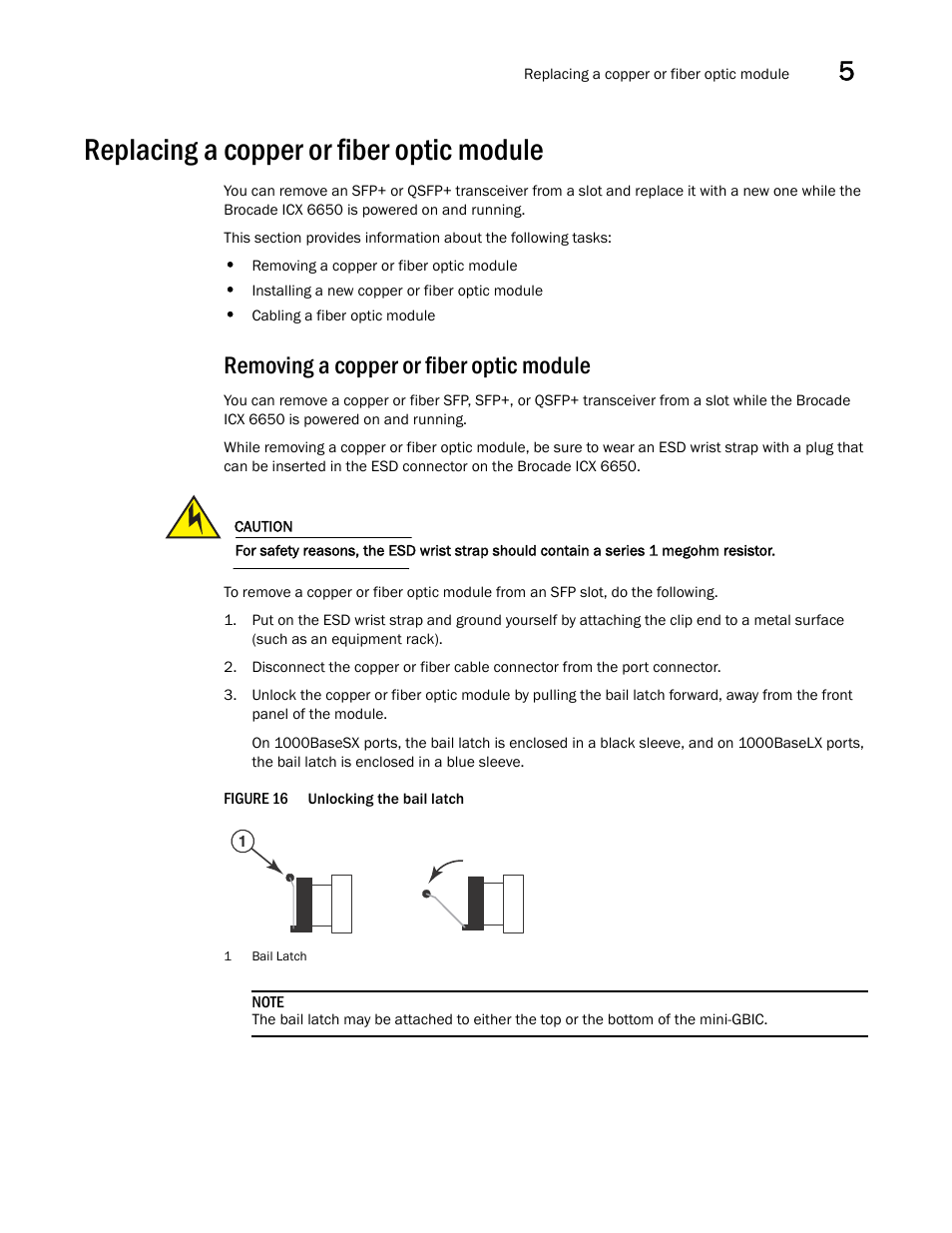 Replacing a copper or fiber optic module, Removing a copper or fiber optic module, Figure 16 unlocking the bail latch | Figure 16, Unlocking the bail | Brocade Communications Systems Brocade ICX 6650 53-1002599-01 User Manual | Page 55 / 86