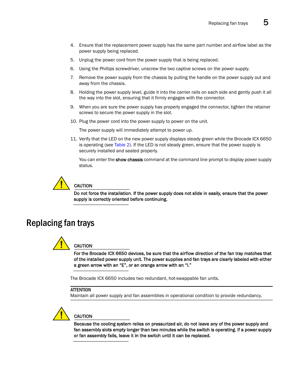 Replacing fan trays | Brocade Communications Systems Brocade ICX 6650 53-1002599-01 User Manual | Page 59 / 86
