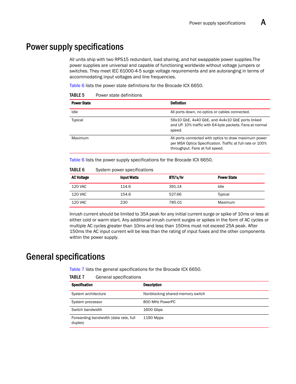 Power supply specifications, Table 5 power state definitions, Table 6 system power specifications | General specifications, Table 7 general specifications, Table 5, Table 6, Table 7 | Brocade Communications Systems Brocade ICX 6650 53-1002599-01 User Manual | Page 65 / 86