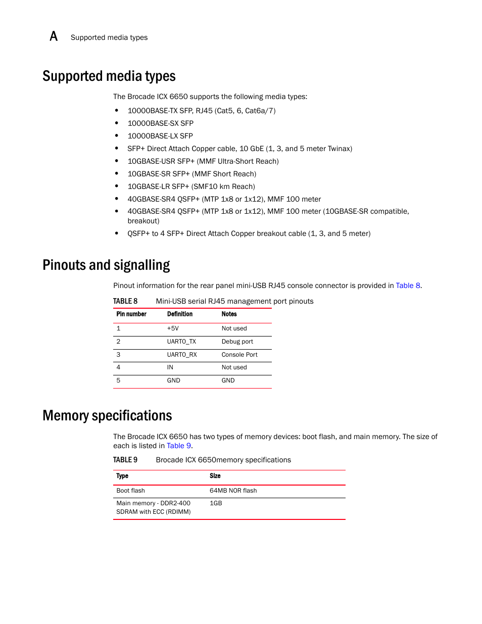 Supported media types, Pinouts and signalling, Memory specifications | Table 9 brocade icx 6650memory specifications, Table 8, Table 9, Pinouts and, Signalling | Brocade Communications Systems Brocade ICX 6650 53-1002599-01 User Manual | Page 66 / 86