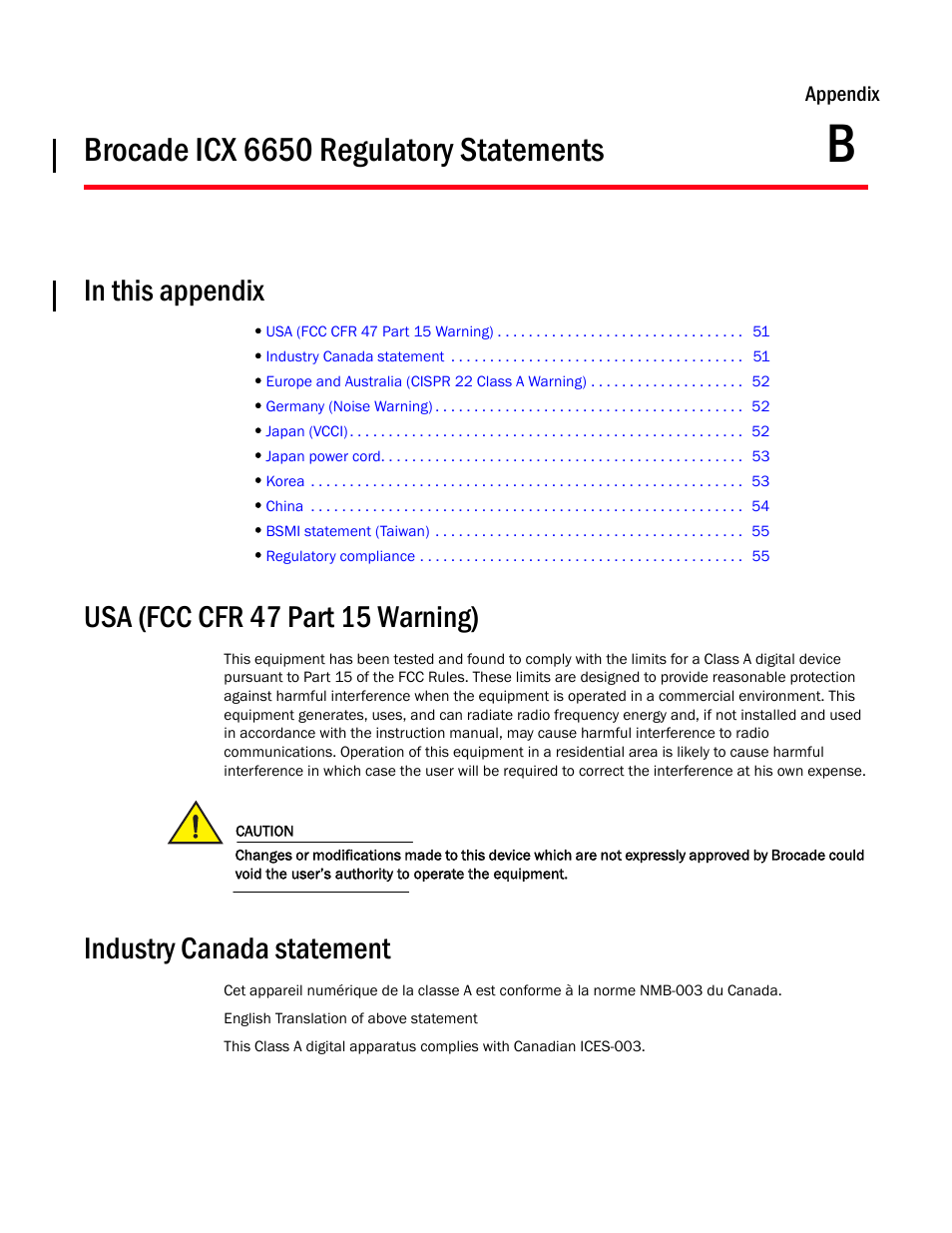 Appendix, Brocade icx 6650 regulatory statements, In this appendix | Usa (fcc cfr 47 part 15 warning), Industry canada statement, Appendix b | Brocade Communications Systems Brocade ICX 6650 53-1002599-01 User Manual | Page 67 / 86