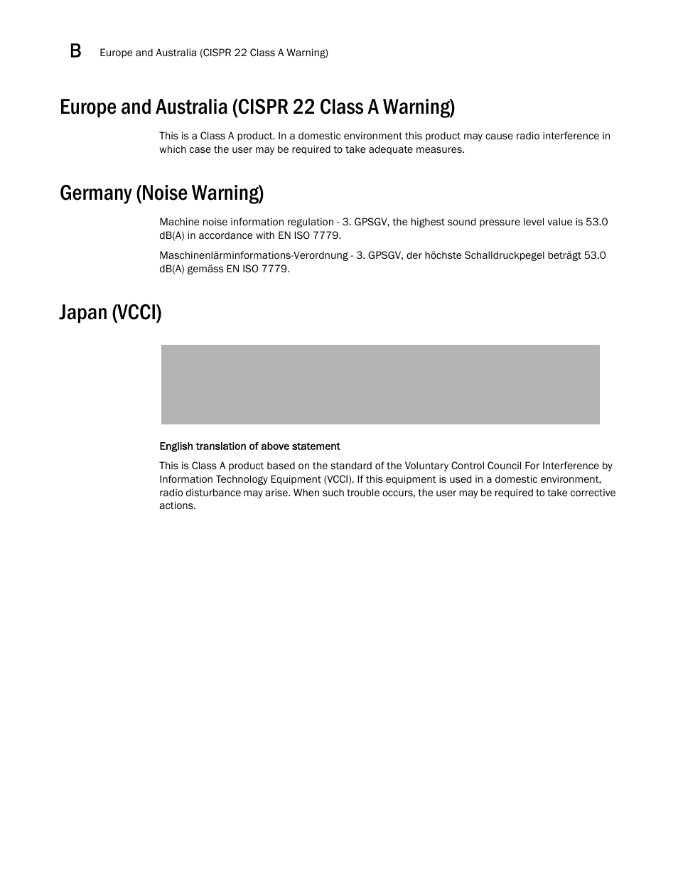 Europe and australia (cispr 22 class a warning), Germany (noise warning), Japan (vcci) | Brocade Communications Systems Brocade ICX 6650 53-1002599-01 User Manual | Page 68 / 86