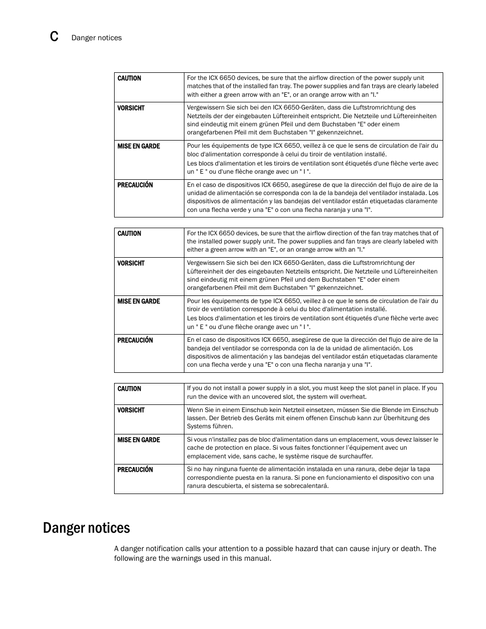 Danger notices | Brocade Communications Systems Brocade ICX 6650 53-1002599-01 User Manual | Page 78 / 86
