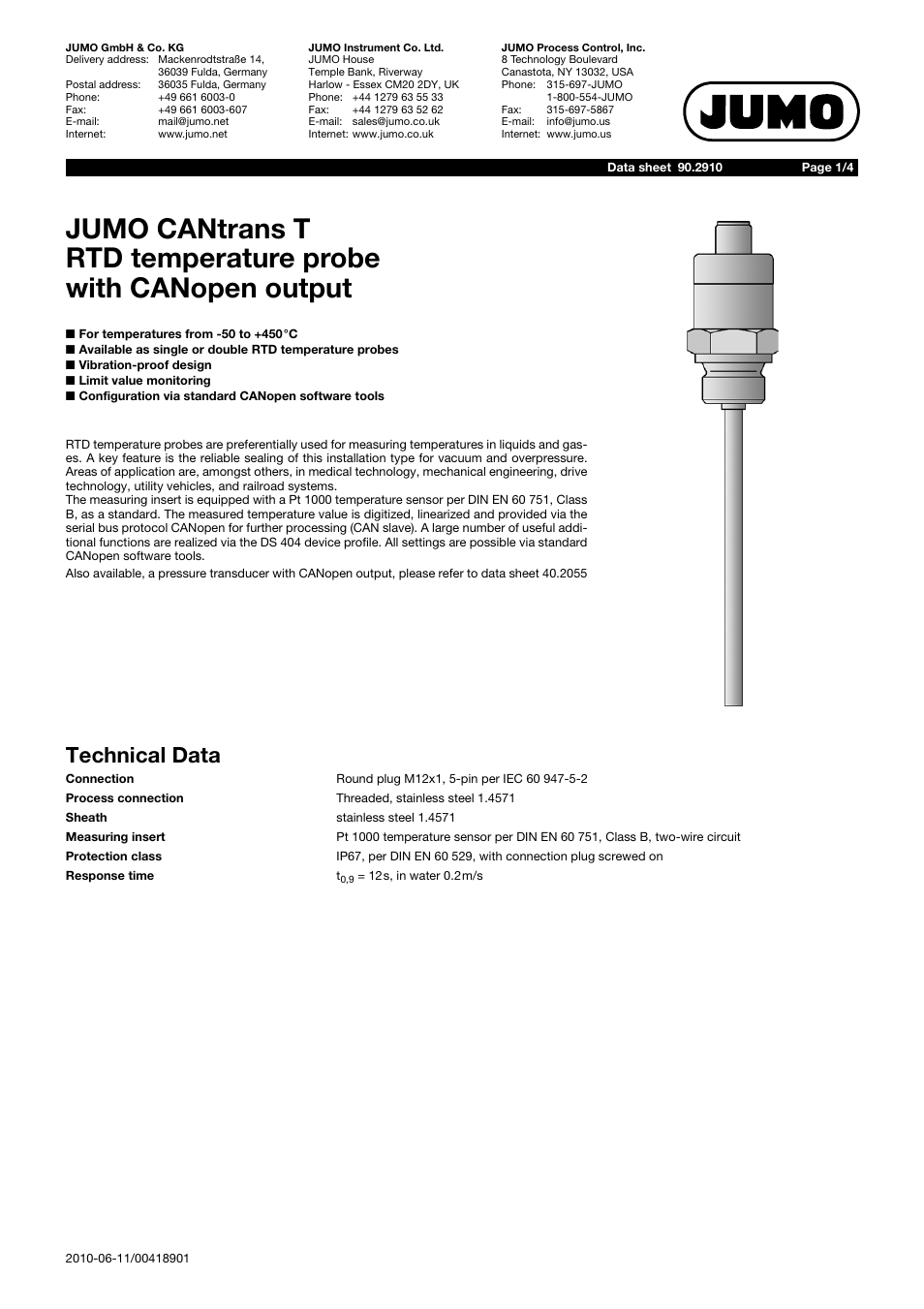 JUMO 902910 CANtrans T RTD Temperature Probe with CANopen Output Data Sheet User Manual | 4 pages