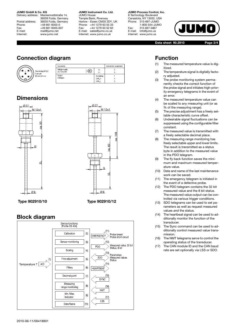 Connection diagram dimensions block diagram, Function | JUMO 902910 CANtrans T RTD Temperature Probe with CANopen Output Data Sheet User Manual | Page 3 / 4