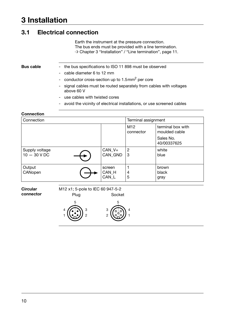 3 installation, 1 electrical connection, Bus cable | Connection, Circular connector, Installation, Electrical connection | JUMO 902910 CANtrans T RTD Temperature Probe with CANopen Output Operating Instructions User Manual | Page 10 / 36
