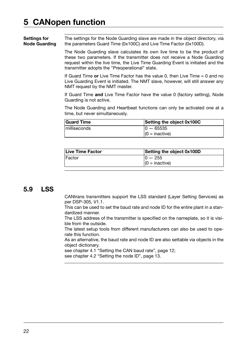 Settings for node guarding, 9 lss, 5 canopen function | JUMO 902910 CANtrans T RTD Temperature Probe with CANopen Output Operating Instructions User Manual | Page 22 / 36