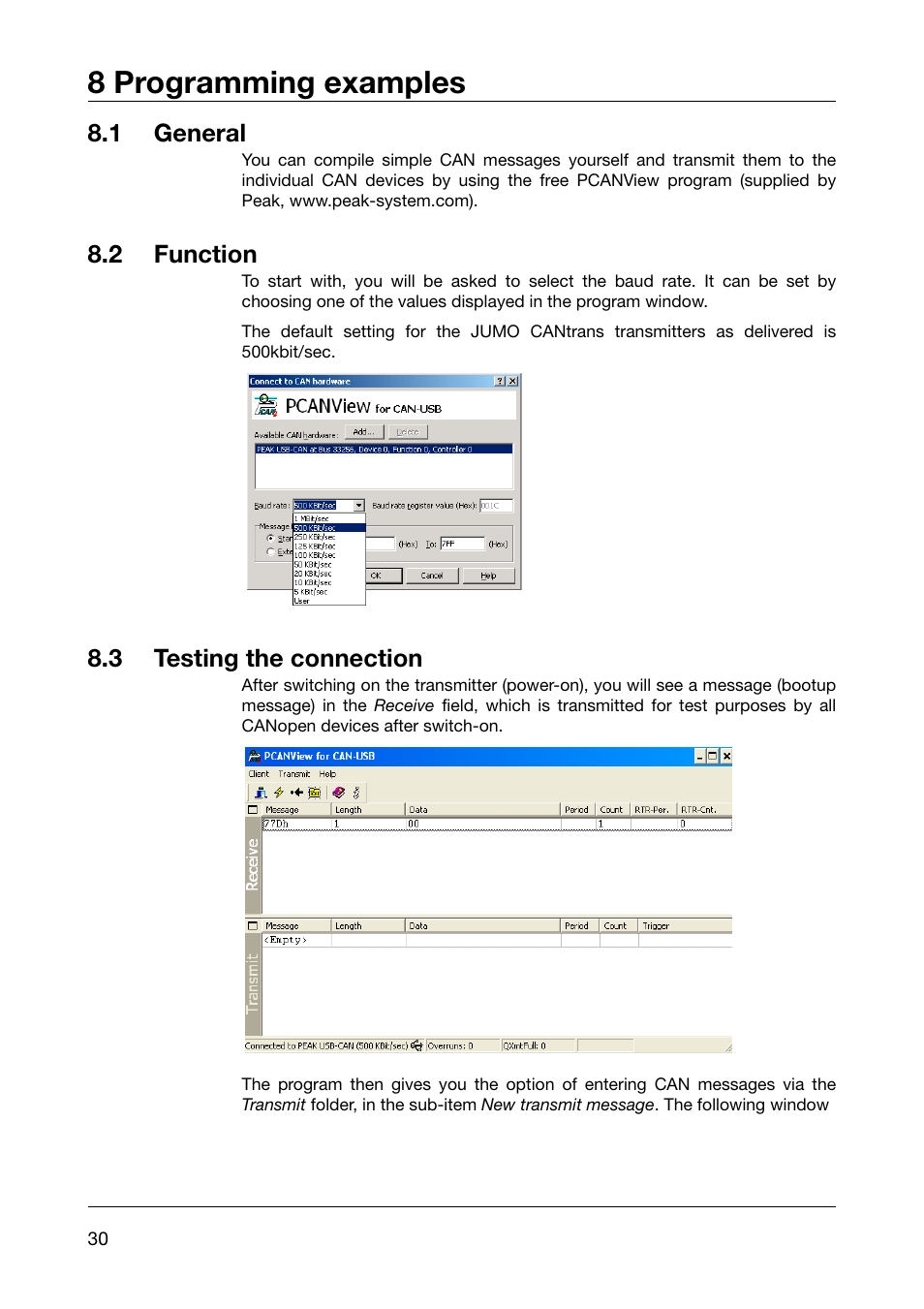 8 programming examples, 1 general, 2 function | 3 testing the connection, Programming examples, General, Function, Testing the connection | JUMO 902910 CANtrans T RTD Temperature Probe with CANopen Output Operating Instructions User Manual | Page 30 / 36