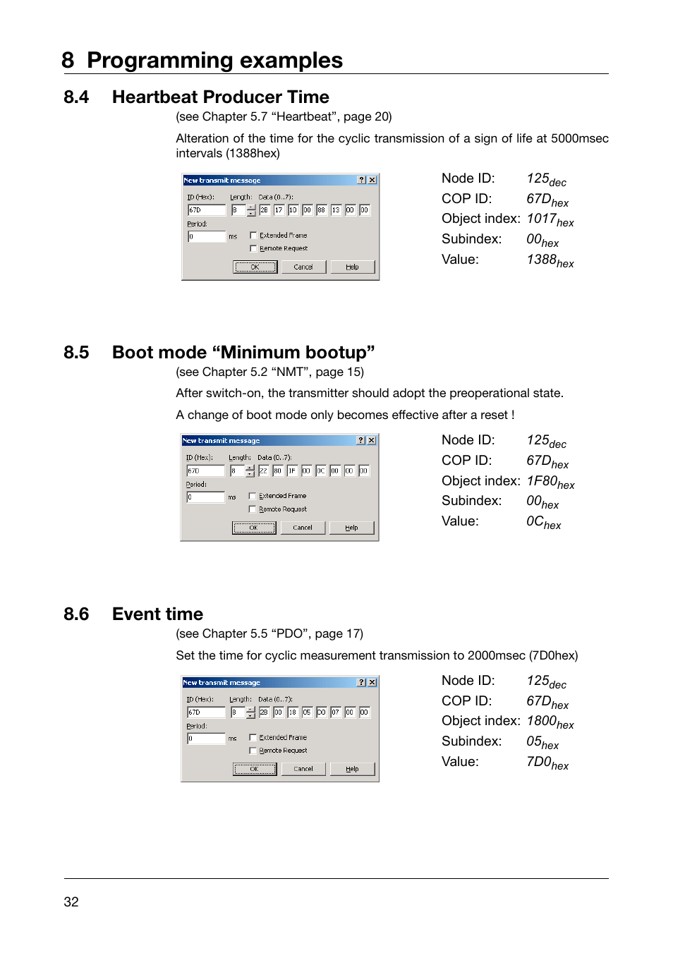 4 heartbeat producer time, 5 boot mode “minimum bootup, 6 event time | Heartbeat producer time, Boot mode “minimum bootup, Event time, 8 programming examples | JUMO 902910 CANtrans T RTD Temperature Probe with CANopen Output Operating Instructions User Manual | Page 32 / 36
