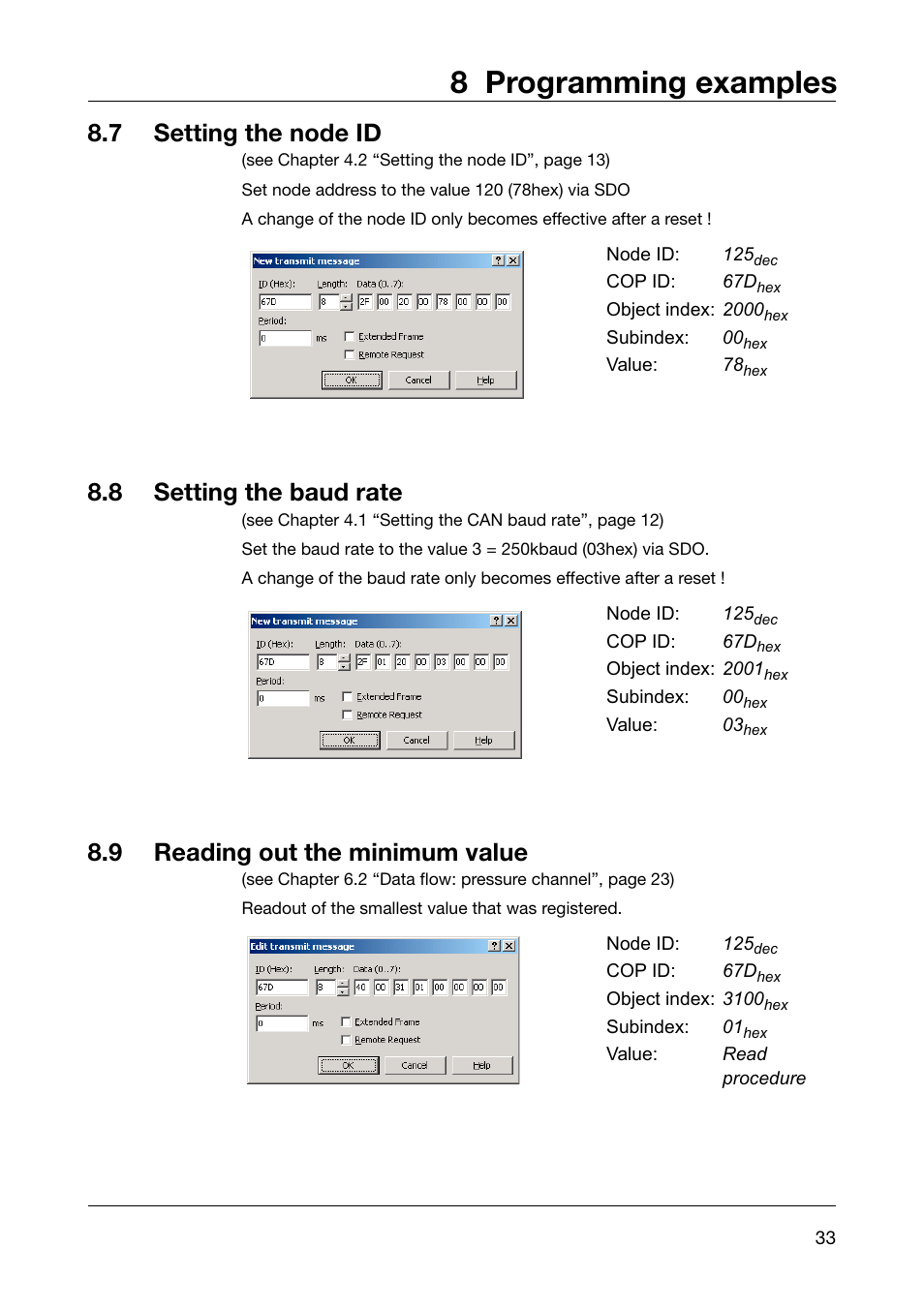 7 setting the node id, 8 setting the baud rate, 9 reading out the minimum value | Setting the node id, Setting the baud rate, Reading out the minimum value, 8 programming examples | JUMO 902910 CANtrans T RTD Temperature Probe with CANopen Output Operating Instructions User Manual | Page 33 / 36