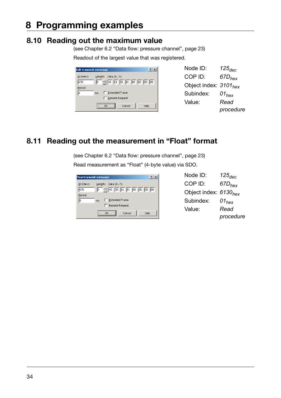 10 reading out the maximum value, 11 reading out the measurement in “float” format, Reading out the maximum value | Reading out the measurement in “float” format, 8 programming examples | JUMO 902910 CANtrans T RTD Temperature Probe with CANopen Output Operating Instructions User Manual | Page 34 / 36