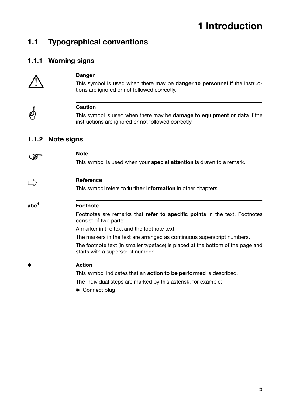 1 introduction, 1 typographical conventions, 1 warning signs | 2 note signs, Abc1, Introduction, Typographical conventions | JUMO 902910 CANtrans T RTD Temperature Probe with CANopen Output Operating Instructions User Manual | Page 5 / 36