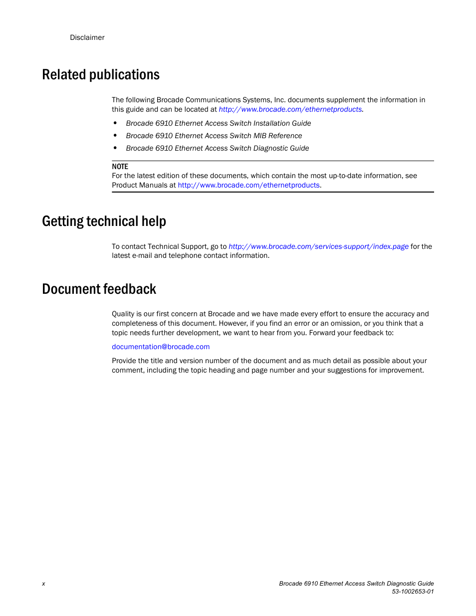 Related publications, Getting technical help, Document feedback | Brocade 6910 Ethernet Access Switch Diagnostic Guide (Supporting R2.2.0.0) User Manual | Page 10 / 88