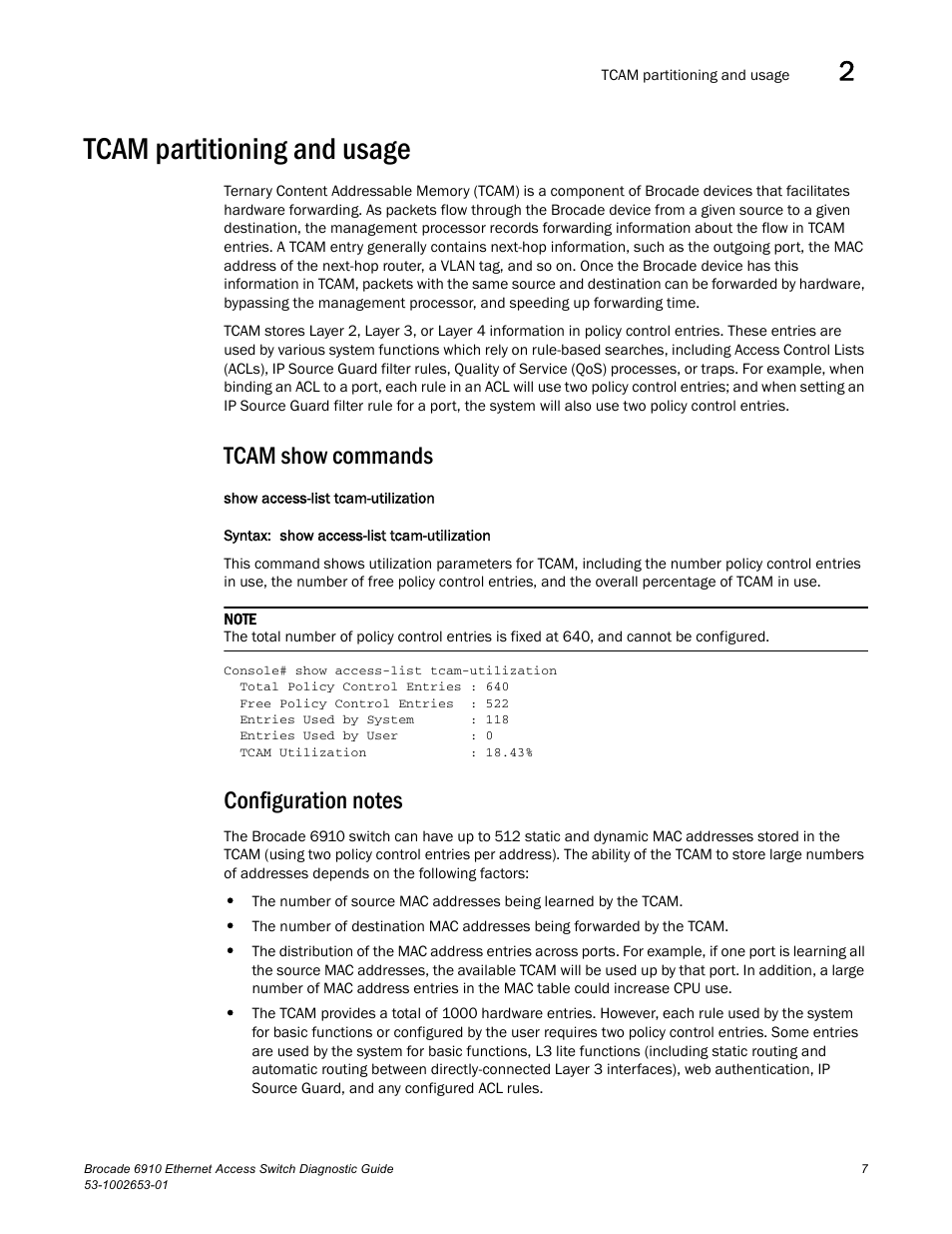 Tcam partitioning and usage, Tcam show commands, Configuration notes | Tcam show commands configuration notes | Brocade 6910 Ethernet Access Switch Diagnostic Guide (Supporting R2.2.0.0) User Manual | Page 17 / 88