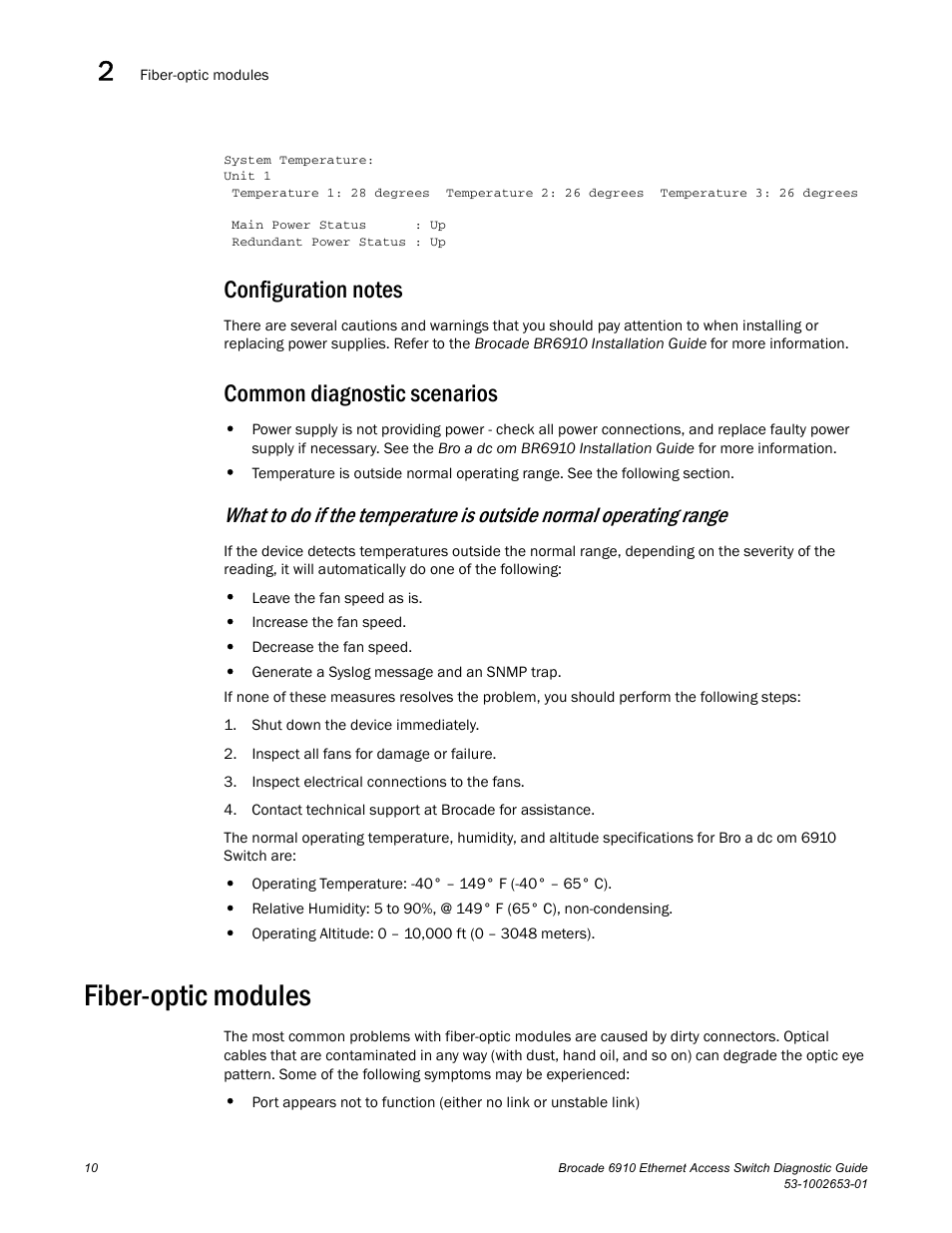 Configuration notes, Common diagnostic scenarios, Fiber-optic modules | Brocade 6910 Ethernet Access Switch Diagnostic Guide (Supporting R2.2.0.0) User Manual | Page 20 / 88